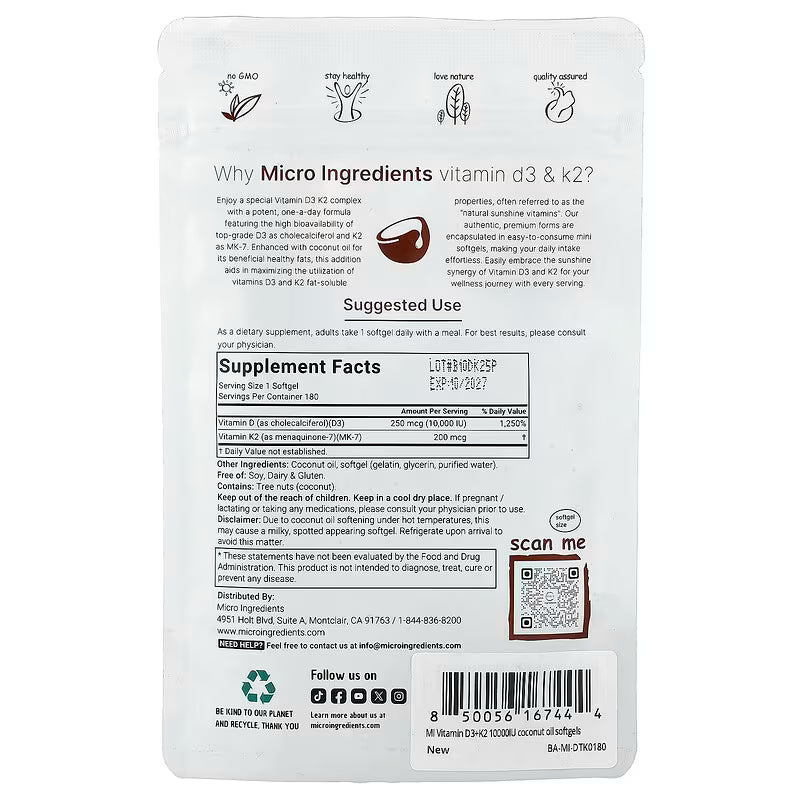 Micro Ingredients, Vitamin D3 & K2 10.000 UI+ 200mcg, 180 Softgels