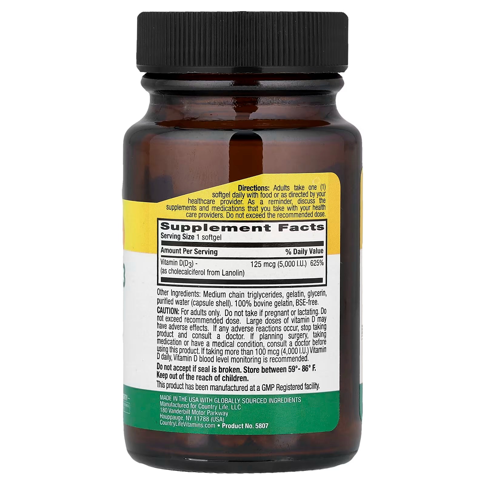 Country Life, Vitamin D3 125mcg(5.000 UI), 60 softgels