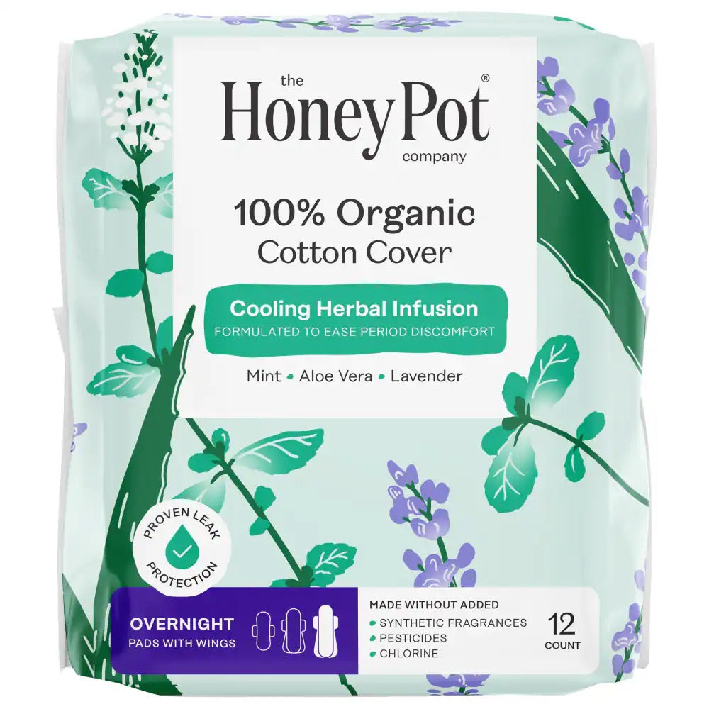 The Honey Pot 100% Organic Cotton Cover Overnight Pads with Wings -- 12 Pads