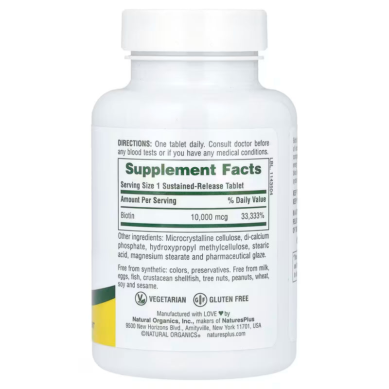 NaturesPlus, Sustained Release Biotin, 10,000 mcg, 90 capsulas