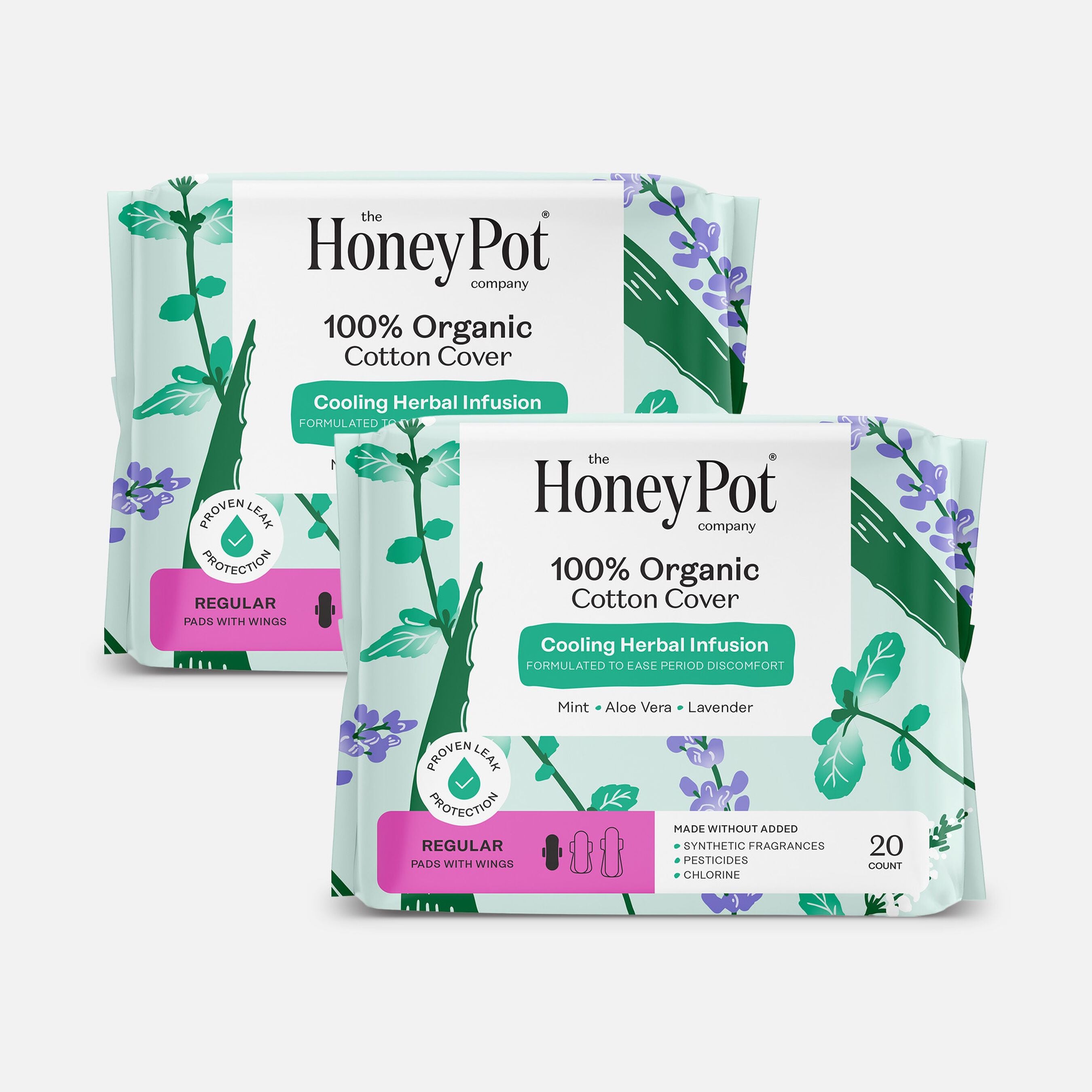 The Honey Pot 100% Organic Cotton Cover Regular Pads with Wings -- 20 Pads