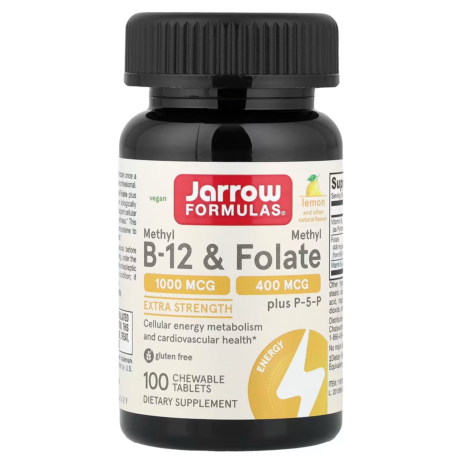 Jarrow Formulas, Vegan Methyl B-12 & Methyl Folate, Lemon, 100 Chewable Tablets
